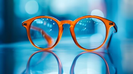 Closeup of a pair of orange glasses on a blue background