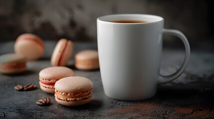 Close up view of a tea mug and tasty macarons on a dark background