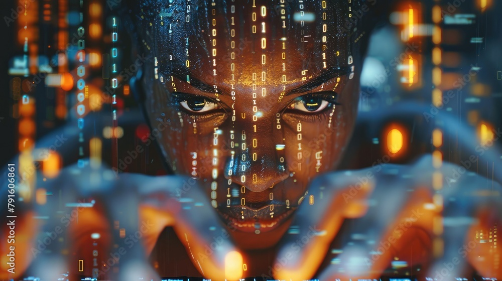 Poster angry black woman typing on a keyboard, with binary code projected onto their face and hands, sugges