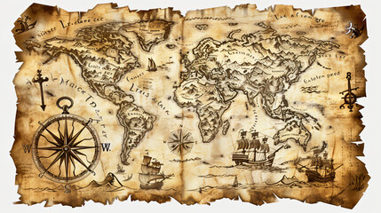 Old treasure map of pirate vector sketch with islands - obrazy, fototapety, plakaty