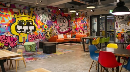 Up-close look at a hip startup office decorated with graffiti art  AI generated illustration - obrazy, fototapety, plakaty