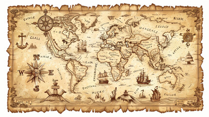 Fototapeta na wymiar Old treasure map of pirate vector sketch with islands