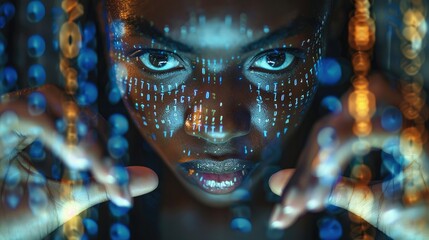 Angry black woman typing on a keyboard, with binary code projected onto their face and hands, suggesting the integration of human and digital security measures. Generative AI.