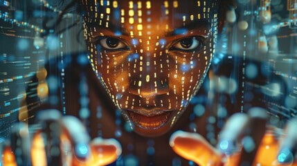 Angry black woman typing on a keyboard, with binary code projected onto their face and hands, suggesting the integration of human and digital security measures. Generative AI.