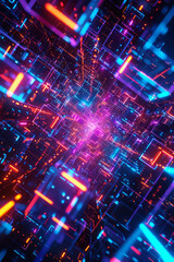 Digital technology background with geometric shapes bathed in vibrant neon hues intersect against a deep, obsidian backdrop, evoking a sense of dynamic connectivity and relentless innovation 