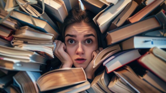 Overwhelmed by a mountain of books, a young girl’s wide-eyed expression perfectly captures the stress and intensity of academic study and the pursuit of knowledge.
