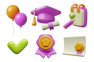 3d graduation purple icons set. Celebration and achievement three dimensional render elements collection. Vector illustration on white background.