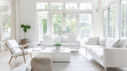 White and bright renovated living room  AI generated illustration - obrazy, fototapety, plakaty