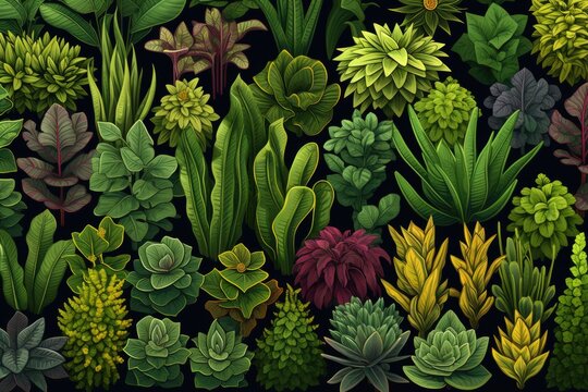 Various types of spring young plants in the garden. Digital art illustration of colorful flowers and leaves, beauty of nature green background.