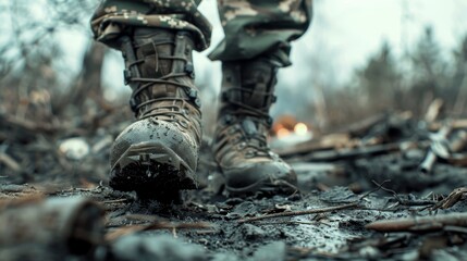 Fototapeta na wymiar Worn-out boots trudging through the aftermath of a battle AI generated illustration