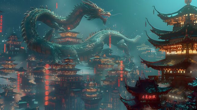 Dragon and Chinese Houses in City: Anime Aesthetic 3D Rendering