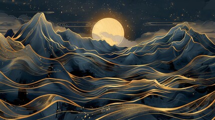 New Chinese style national trend abstract art mountain landscape painting, creative golden line drawing landscape concept illustration
