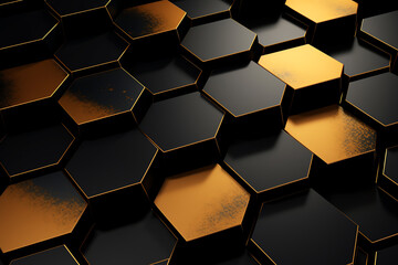 Artistic 3D visual of scattered gold hexagons casting shadows on a sleek black ground, providing a rich visual texture, suitable for gallery exhibitions or creative studio branding