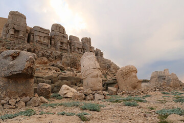 Heads of stone statues, sculptures on the East Terrace of Mount Nemrut, heads of an eagle, King...