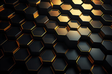 Elegant 3D rendering of interconnected gold hexagons floating over a deep black void, ideal for highend technology interfaces or modern jewelry campaign backgrounds