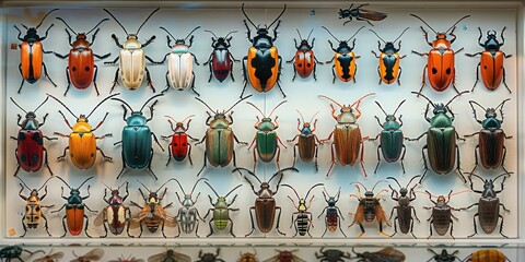 Insect specimens expertly arranged in an educational poster-style display case, with clear labels for each. The style is bright and clear. Generative AI.