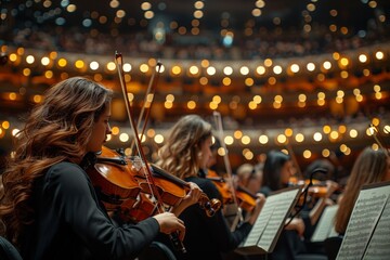 Fototapeta premium This image captures the elegant musicians playing violins amidst the ambient lighting of an orchestra hall, showcasing musical artistry