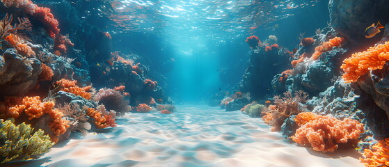 64k, 8k widescreen, wallpaper, amazing scene, Underwater Diver Explores Vibrant Coral Reef in the Tropical Sea