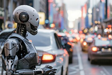 AI robot traffic cop in the city, on a busy street with cars. Scene captures a futuristic urban setting where robots carry out their role as intersection control.