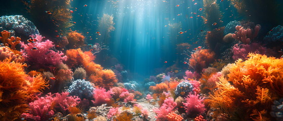 Fototapeta na wymiar 64k, 8k widescreen, wallpaper, amazing scene, Underwater Diver Explores Vibrant Coral Reef in the Tropical Sea