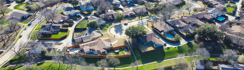 Panorama view subdivision suburban neighborhood with multiple cul-de-sac dead-end residential...