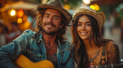 Obraz premium Smiling musicians in cowboy hats playing guitars, exuding a lively country music vibe at a festival