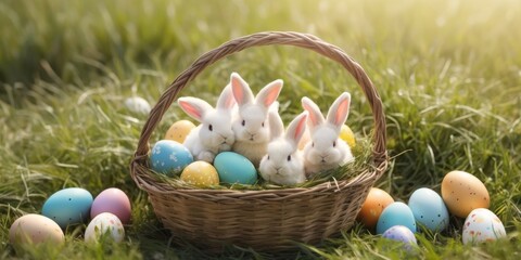Colorful easter eggs in grass with happy easter background