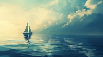 A beautiful seascape with a sailboat in the foreground and a cloudy sky in the background. The water is calm and still, and the sky is full of drama. - obrazy, fototapety, plakaty