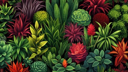 Obraz premium Various types of Spring Young plants in the garden Green Background Digital art illustration