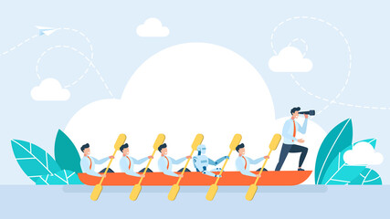 The robot collaborates with a team of people wheel bringing business people team to success. A man leads a team of humans and artificial intelligence aboard a boat. Flat illustration