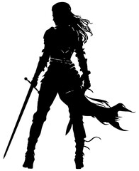 Silhouette of a woman viking warrior with swords, isolated  - obrazy, fototapety, plakaty