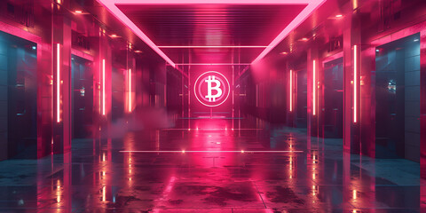 Futuristic conference hall with Bitcoin logo hologram crypto Idea poster symbol cryptocurrencies over a vibrant colorful red background Illustration