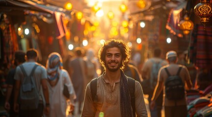 Fototapeta premium A cheerful young man enjoying a colorful and lively market scene during sunset, with a crowd in the background