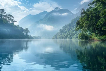  A natural landscape untouched by human hands, where lush forests meet crystal-clear waters. Majestic mountains loom in the distance, their peaks shrouded in mist.  © grey