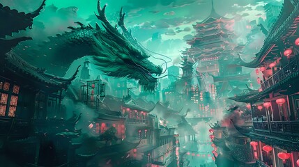 Graceful Balance 3D Rendering: Dragon and Chinese Houses in Teal and Crimson