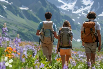 Fotobehang Happy family friends hiking journey mountains backpack friend group nature love joy trek hike trekking sports adult children freedom vacation relaxation relaxed holiday experience walking exploring © Yuliia