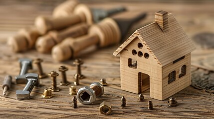 Miniature wooden house and a set of small scale hand tool replicas and fasteners isolated on a wooden background