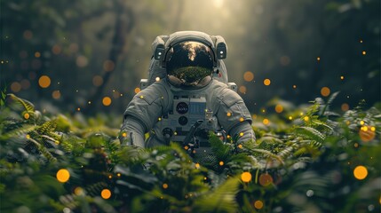 Lonely astronaut in tropical jungle. Generative AI.