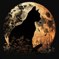 Black cat silhouette sitting on the hill with grasses and Moon in background
