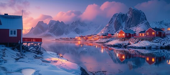 Enchanting view of a coastal village in Greenland, the harmony of human settlement and rugged nature captured at dawn - obrazy, fototapety, plakaty