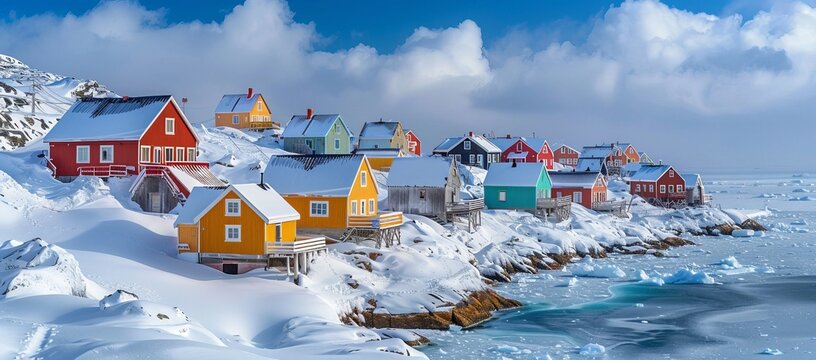 Idyllic coastal village in Greenland, frozen shores framed by colorful houses and the vast Arctic ocean