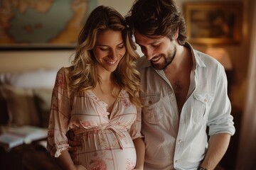 Fototapeta premium A happy couple expecting a baby is embracing, smiling in a warmly lit room, expressing joy and anticipation