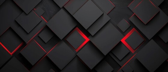 Abstract geometric black gray 3d texture wall with squares and square cubes background banner illustration with red glowing lights, textured wallpaper .
