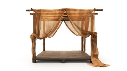 Elegant wooden canopy bed draped with sheer brown curtains on a white background.