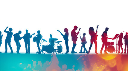 Silhouettes of a band performing on stage with a vibrant, colorful backdrop suggesting a live concert atmosphere.