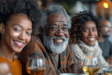 An elderly African man with gray hair and glasses shares a laugh with family members during a meal