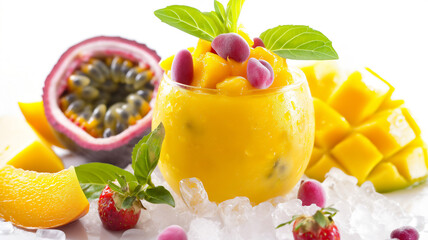 Vibrant mango smoothie topped with passion fruit, garnished with mint and berries, surrounded by ice.