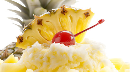 Close-up of a pineapple dessert topped with a cherry, focus on the vibrant red against the yellow fruit.