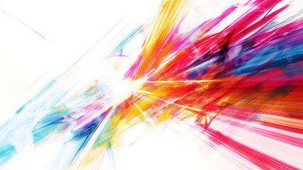 Explosion of abstract vibrant brush strokes in red, yellow, and blue on a white canvas.