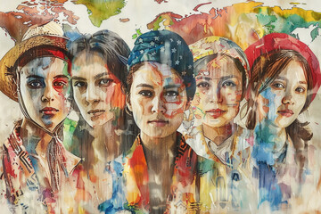 A painting featuring a diverse group of people standing together, with a world map in the background